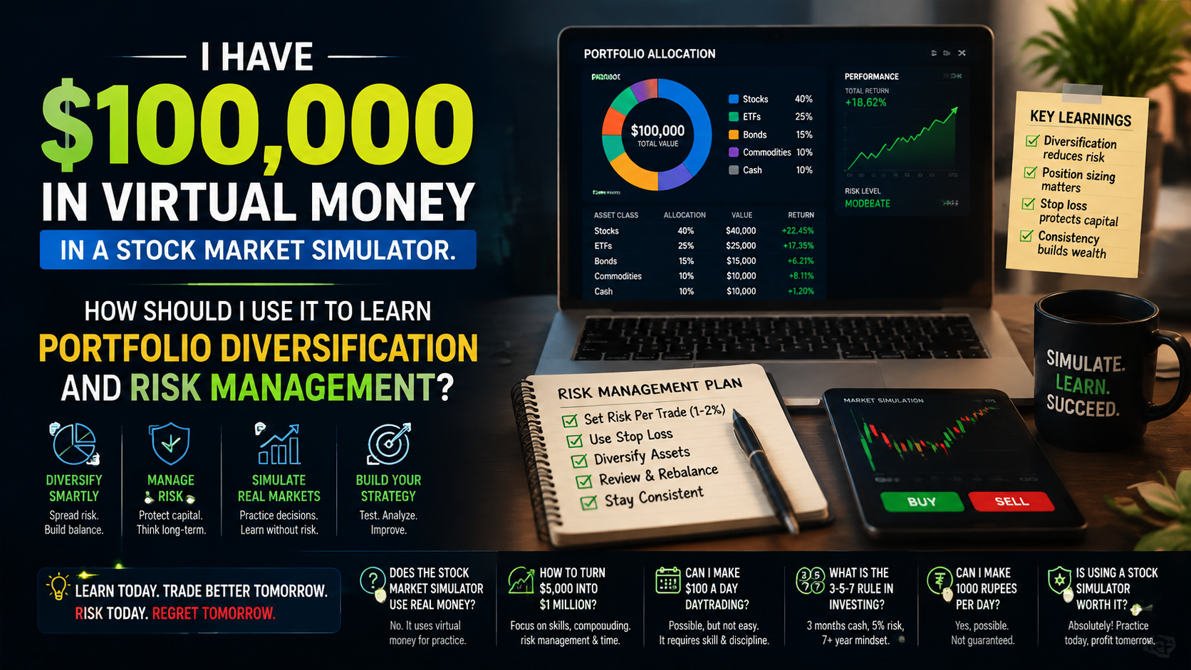 I Have $100,000 in Virtual Money in a Stock Market Simulator. How Should I Use It to Learn Portfolio Diversification and Risk Management?